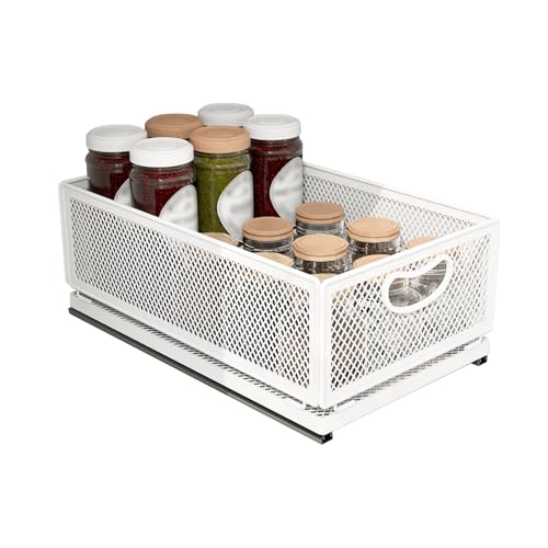 Sliding Cabinet Basket Organizer Drawer Self Adhesive Slide out Pantry Shelves Heavy Duty Carbon Steel Slide Cabinet Storage Basket with Handle for Bathroom Kitchen Home - size: Extended Medium