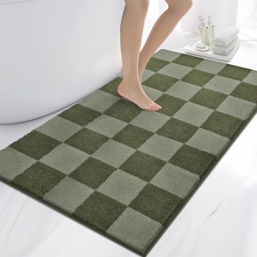 Bathroom Rugs, 30" x 60" Bath Rugs, Checkered Budding Green & Sage Green | Non-Slip, Super Absorbent, Machine Washable, Quick Dry, Bath Mats for Shower and Bathtub, TPR Backing - color: Checkered-budding Green & Sage Green, size: 30" X 60"