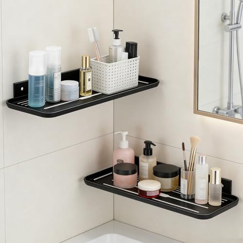 Wall Mounted Floating Shelf, Self Adhesive Shelf, No Drill Adhesive Wall Shelf, Floating Shelves Damage-Free Expand Walls Space for Living Room Kitchen Bathroom (2, Black) - color: Black
