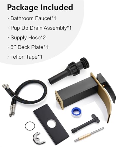 Midanya Waterfall Bathroom Faucet 1 Hole,Brushed Gold Spout/Matte Black | with 24” Hoses,Pop Up Drain,6” Deck Plate,for 1 or 3 Hole Vanity,Lavatory,RV,Single Handle Bathroom Sink Faucet,NSF Certified - color: Gold Spout/Black