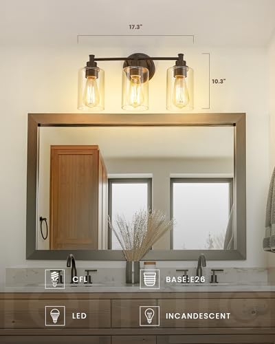 FEMILA 3-Light Vanity Light,Farmhouse Bathroom Light Fixtures,Metal Wall Sconce with Clear Glass Shade,Oil Rubbed Bronze Finish,4FYC56B-3W ORB - color: Oil-Rubbed Bronze, size: 17.3"
