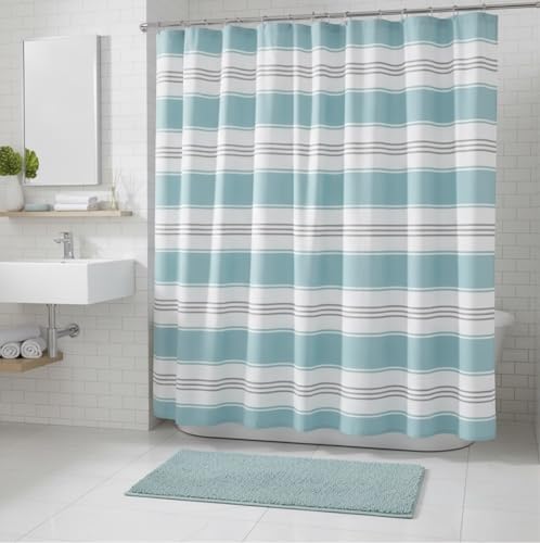 Nautical Striped Fabric Shower Curtain, Coastal Wide Stripe Design, Aqua Grey White, 70" x 72", with Hooks - color: Hampton Blue