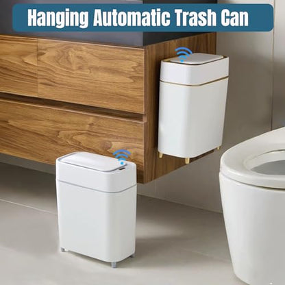LALASTAR 2 Pack Automatic Trash Can Bathroom, Touchless Garbage Can with Lid, Slim Motion Sensor Waterproof Plastic Trash Bins for Bedroom Office Toilet, 2.3 Gallon, White+Grey Trim - color: White+Grey Trim
