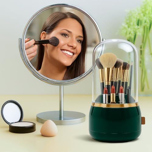 Toothbrush Holder with Lid Cosmetic Tools Organizer 360 Rotating 7-Slot Draining Waterproof Dustproof Make Up Brushes Toothbrush Storage for Dresser Vanity Bathroom Countertop - color: Green rotate