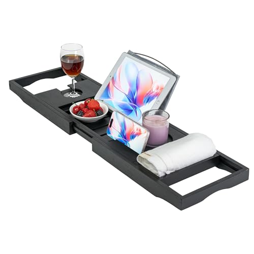 Utoplike Bamboo Bathtub Tray Caddy, Black Bath Tray Table for Tub | Adjustable Bathroom Organizer for Tub with Book Tablet, Wine Glass Cup, Towel Holder - color: Black