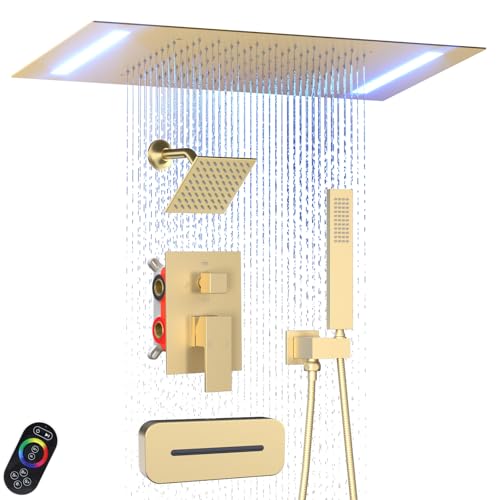 Enga Dual Rain Shower System with Up/Down Waterfall Bathtub Spout, Ceiling Mount 14 x 20 Inch LED Shower Head Rainfall Shower Faucet Set, Brushed Gold - color: Brushed Gold, style: 14X20" Led Shower - Tub Spout