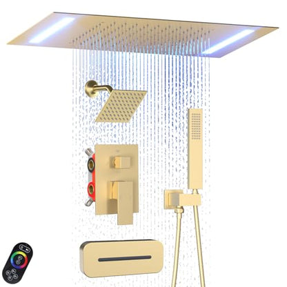 Enga Dual Rain Shower System with Up/Down Waterfall Bathtub Spout, Ceiling Mount 14 x 20 Inch LED Shower Head Rainfall Shower Faucet Set, Brushed Gold - color: Brushed Gold, style: 14X20" Led Shower - Tub Spout