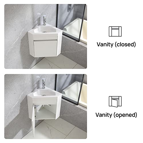 22" Corner Bathroom Vanity Sink Combo – Wall-Mounted White Resin Basin Cabinet Set with Chrome Faucet & Drain (white, 22 inch) - color: White