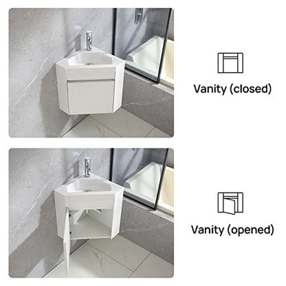 22" Corner Bathroom Vanity Sink Combo – Wall-Mounted White Resin Basin Cabinet Set with Chrome Faucet & Drain (white, 22 inch) - color: White