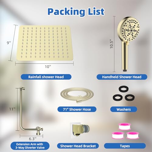 10" Metal Rainfall Shower Head with 10-Mode Handheld, Shiny Gold | NSF/ANSI/CAN 372 Certified, High Pressure Showerhead Combo with 11" Adjustable Shower Arm, 71" Hose, Shower Head Holder - color: Polished Gold, style: Square 10"
