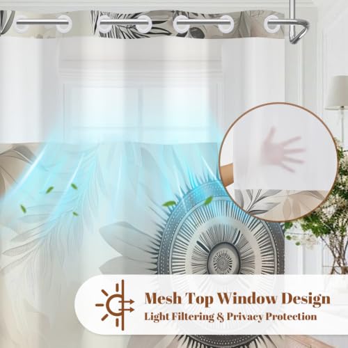 Boho Floral Shower Curtain with Snap in Liner & Tassels, 71x77 Inch | No Hook Needed, Double Layer Waterproof Bath Tub Curtain with Mesh Top, Abstract Botanical Design for Modern Neutral Bathroom - color: Boho Flower