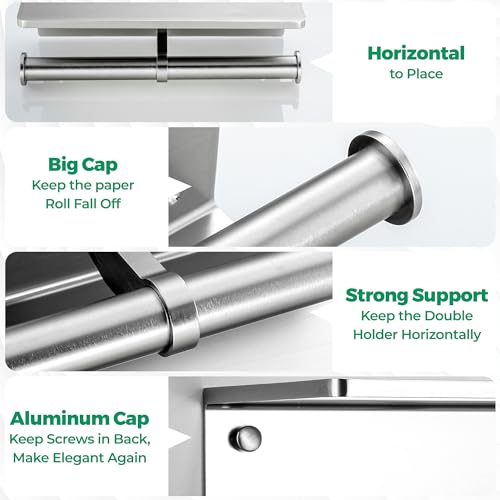 Toilet Paper Holder - Aluminium Double Roll Toilet Tissue Holder with Mobile Phone Shelf for Bathroom, 3M Self Adhesive No Drilling or Wall-Mounted, Rustproof Modern Style Brushed Nickel