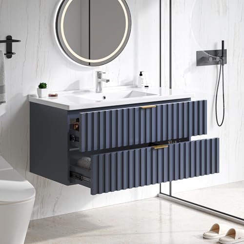 ONBRILL 36 Inch Bathroom Vanity with Sink Combo, Floating Bathroom Vanity with 2 Fluted Drawers & Metal Handle, Modern Wall Mount Storage Cabinet with Ceramic Integrated Sink for Small Space (Blue) - color: Blue, size: 36"