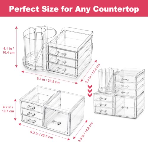2-Tier Acrylic Makeup Organizer, 360° Rotating Brush Holder & 7 Drawers | Stackable Design; 7 Detachable Drawers; Crystal Clear Display; Space-Saving Countertop Caddy for Vanity, Bedroom & Bathroom - size: 2 Tier-7 Drawers