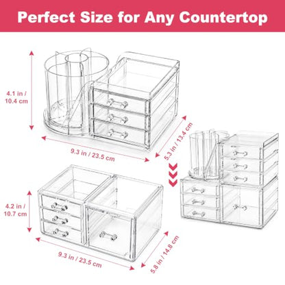 2-Tier Acrylic Makeup Organizer, 360° Rotating Brush Holder & 7 Drawers | Stackable Design; 7 Detachable Drawers; Crystal Clear Display; Space-Saving Countertop Caddy for Vanity, Bedroom & Bathroom - size: 2 Tier-7 Drawers