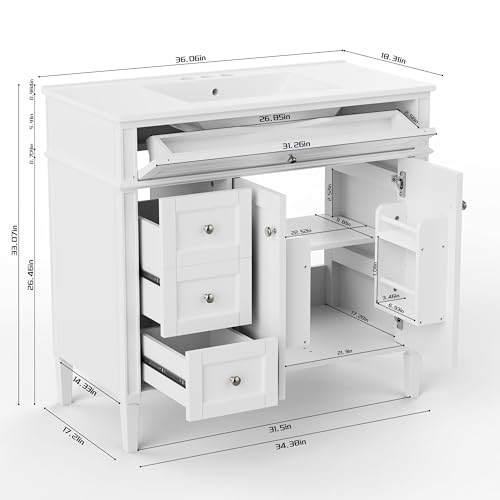 36" Bathroom Vanity with Sink, Solid Wood Frame Modern Bathroom Vanity, Bathroom Single Sink Cabinet with Charging Station, White - color: White, size: 36 inch