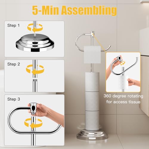 Toilet Paper Holder Floor Stand, Bathroom Freestanding Chrome | Toilet Tissue Roll Holder, Free Standing Rack with Storage, Weighted Base Accessories, SUS304 Stainless Steel Rustproof - color: Chrome