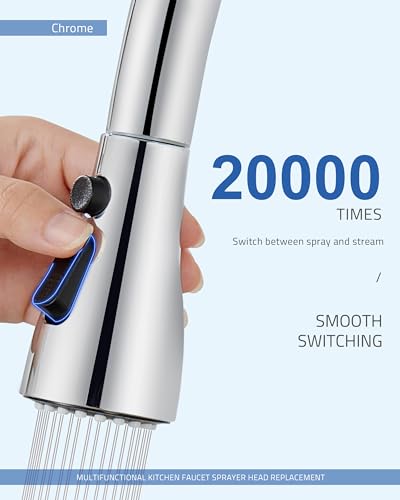 Kitchen Faucet Head Replacement, 15 Adapters, 3-Mode Pull Down Sprayer Head | 3 Functions Stream Spray Pause, Easy 5-Min Install, Pull Out Nozzle, Chrome, Compatible with Moen Delta Hansgrohe - color: Chrome