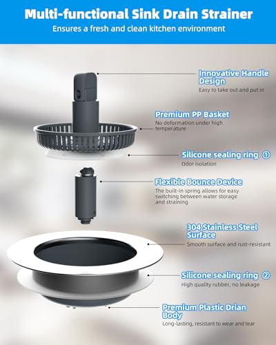 Hibbent 3 in 1 Kitchen Sink Drain Strainer and Stopper Combo, Chrome Stainless Steel Wraped Shell, Anti-Clogging Basket Strainer with Foldable Handle for US Standard 3-1/2" Drain - style: Stainless-wrap Shell with 1 Strainer