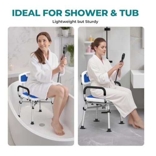 Shower Chair for Inside Shower with Arms & Back, 550 lbs, 6 Heights | Dual Crossbar Frame, Non-Slip Feet, 22-Inch EVA-Cushioned Seat, Showerhead Holder, Rust-Resistant Aluminum, Tool-Free Setup - color: Blue