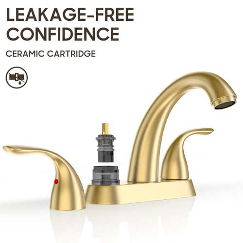 Brushed Gold 4 Inch Centerset 2 or 3 Holes 2 Handle Bathroom Faucet, Bathroom Faucet with Copper Pop Up Drain and Water Supply Lines, BF008-5-BG - color: Brushed Gold, style: 1 Pack