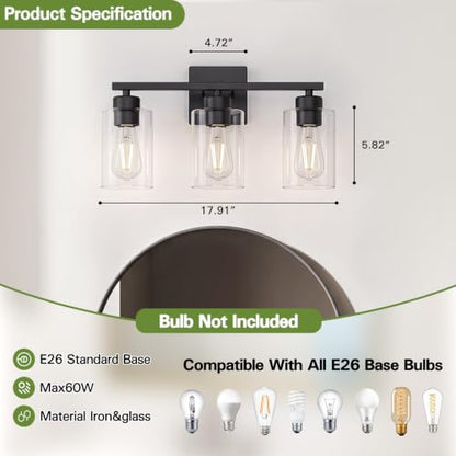 Matte Black Bathroom Vanity Light, 3-Light Vanity Lighting fixtures Over Mirror, Round Design & UL Certification, Wall Sconces with Clear Glass Shades, E26 Socket (Bulbs Not Included) - color: Black-round, size: 3 Light