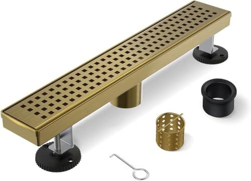 Titanium Gold Shower Drain 18 Inch, Brushed Stainless Linear Drains | 304 Stainless Steel, Linear Shower Drain with Grate Removable,Leveling Feet, for Bathroom, Kitchen, Remodel Shower,Tile Floor - color: Brushed Titanium Gold, size: 18in