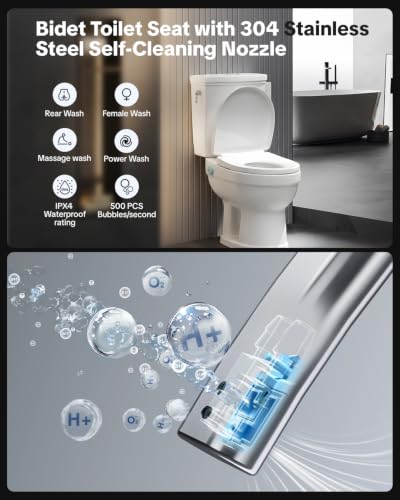 Bidet Toilet Seat in Elongated White – 4 Cleaning Modes | Bidet with Dryer Heated, Warm Water, Automatic Odor Removal, Remote Control | Smart Toilet Seat with Night Light for Families