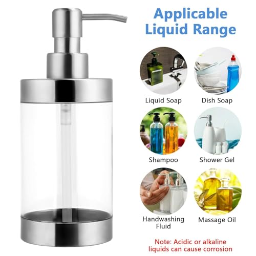 Dish Soap Dispenser Hand Pump Dispenser 1PCS (10OZ/300ML) | Stainless Steel Case Acrylic Liner Shatterproof and Leakproof Refillable Liquid Hand Soap Dispenser for Bathroom & Kitchen