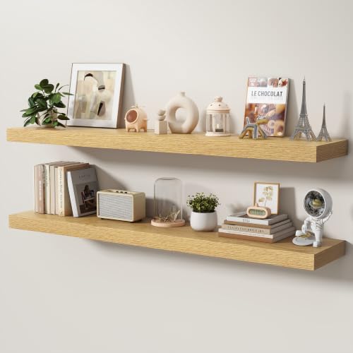 Floating Shelves for Wall, 55 Inch x 8 Inch Deep Wall Mounted Wood Shelf with Invisible Brackets for Storage & Display, Living Room Bedroom Kitchen, Oak, Set of 2 - color: Oak, size: 55 Inch, Set of 2