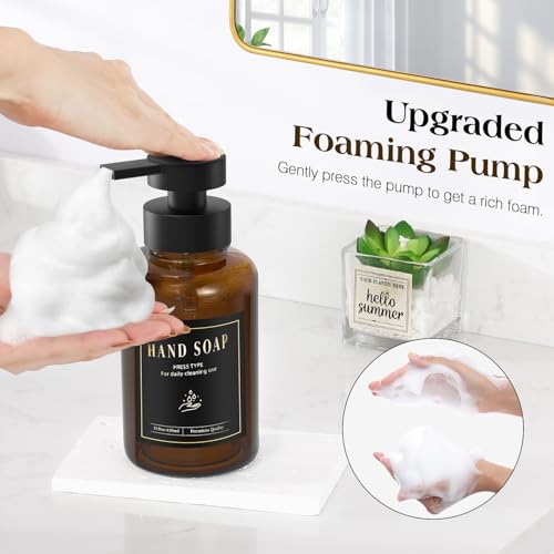 Luxspire Glass Foaming Soap Dispenser 15oz Hand Soap Bottle, Amber, 2 Pack | Anti-drip pump, wide mouth easy refill, non-slip silicone base, 7 waterproof labels, bathroom and kitchen sink use - color: Amber
