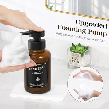 Luxspire Glass Foaming Soap Dispenser 15oz Hand Soap Bottle, Amber, 2 Pack | Anti-drip pump, wide mouth easy refill, non-slip silicone base, 7 waterproof labels, bathroom and kitchen sink use - color: Amber