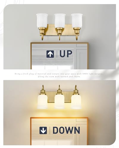 3-Light Bathroom Light Fixture, HWH Modern Vanity Light, Brushed Gold Wall Light Over Mirror, Frosted White Bell-Shaped Glass, 5HZG106B-3W BG - color: Brushed Gold, size: 3-Light