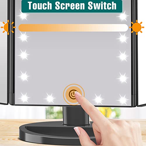 Lighted Makeup Mirror, 1-3X Magnifying Trifold LED Vanity Mirror | Vanity Mirror with Lights, 21 Bright LED Lights, Touch Control Dimmable Brightness, 180 ° Rotaion - color: Black