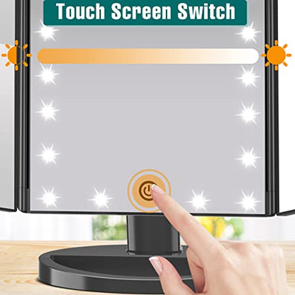 Lighted Makeup Mirror, 1-3X Magnifying Trifold LED Vanity Mirror | Vanity Mirror with Lights, 21 Bright LED Lights, Touch Control Dimmable Brightness, 180 ° Rotaion - color: Black