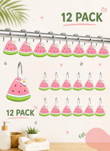 Watermelon Shower Curtain Hooks 12 Pack Resin Cute Bathroom Hooks | Cute watermelon design resin shower curtain hooks, 12 pack, durable, smooth finish, adds fun bathroom decor style - color: Pink