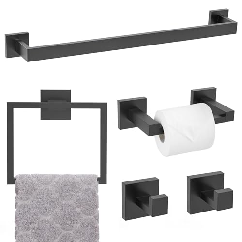 Matte Black Towel Bar Set 5-Piece Bathroom Hardware Accessories Set,23.6 Inch Modern Towel Holder Set SUS304 Stainless Steel Towel Rack Set for Bathroom,Wall-Mounted - color: 5-pcs Black