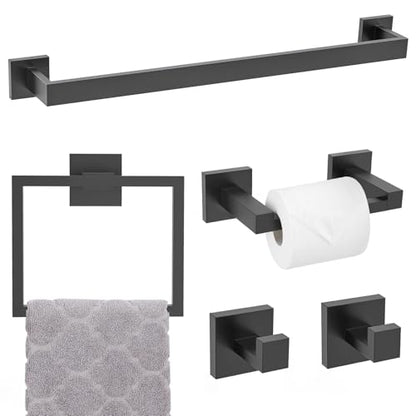 Matte Black Towel Bar Set 5-Piece Bathroom Hardware Accessories Set,23.6 Inch Modern Towel Holder Set SUS304 Stainless Steel Towel Rack Set for Bathroom,Wall-Mounted - color: 5-pcs Black