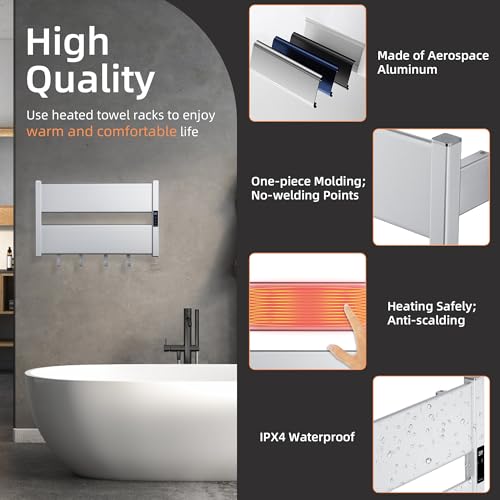 K&KALONZO Electric Heated Towel Rack, 2-Min Heat, Plug-in/Hardwired, H2-S | Wall Mounted, 10 Timers & 3 Heat Levels, 2H Rapid Dry, Anti-Scald, Aerospace Aluminum Towel Warmer for Bathroom, 4 Hooks, - color: Silver, size: 2-Bar