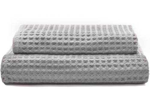 Lavien Home, 100% Cotton Waffle Weave Towels, Highly Absorbent, Quick Drying and Soft Textured (Gray, Bath Towel Set (2pc))