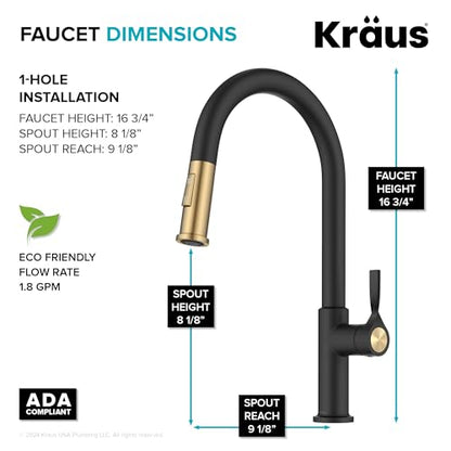 KRAUS Torak Pull Down Kitchen Faucet in Spot-Free Brushed Brass/Matte Black with 2 Function Sprayer, Pre-Attached Water Lines, and Mounting Hardware, KPF-2840SFBBMB - color: Spot Free Brushed Brass/Matte Black, style: Pull-Down Faucet