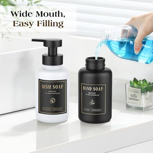 Luxspire Foaming Soap Dispenser 15oz Hand Soap Bottle, Black+White, 2 Pack | Anti-drip pump, wide mouth easy refill, non-slip silicone base, 7 waterproof labels, bathroom and kitchen sink use - color: Black + White