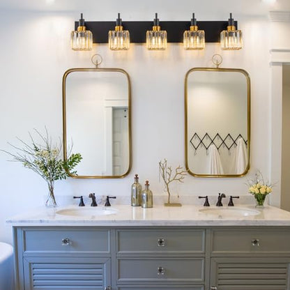 Modern Crystal Bathroom Vanity Light Black Gold 5-Lights Bathroom Lighting Fixtures Over Mirror, Brass Wall Light Fixtures - color: Black Gold-Square Shade, size: 5-Light
