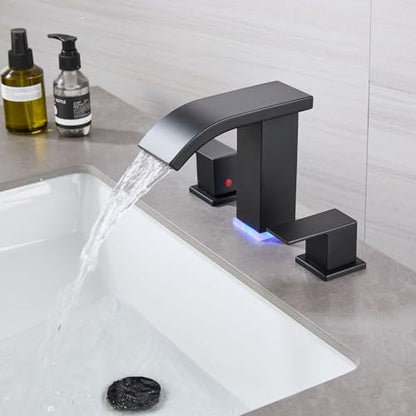 LED Light Bathroom Faucet Widespread 3 Holes - 8Inch Bathroom Sink Faucet | Two Handles Lavatory Vanity Sink Faucets with Pop-up Drain Assembly & Supply Lines - color: Matte Black