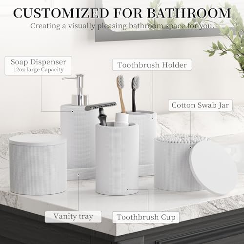 6-Piece White Bathroom Set - Mesh Textured Resin Bathroom Accessories Set with Soap Dispenser, Toothbrush Holder, Cup, Vanity Tray & Apothecary Jars for Small Spaces - color: White - Mesh Textured