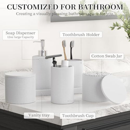 6-Piece White Bathroom Set - Mesh Textured Resin Bathroom Accessories Set with Soap Dispenser, Toothbrush Holder, Cup, Vanity Tray & Apothecary Jars for Small Spaces - color: White - Mesh Textured