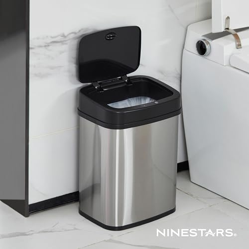 Ninestars 3 Gallon Automatic Trash Can, 12L Touchless Motion Sensor Bathroom or Bedroom Garbage Can with Odor-Sealing Lid, Rectangular Stainless Steel Base, Black Lid - color: Black
