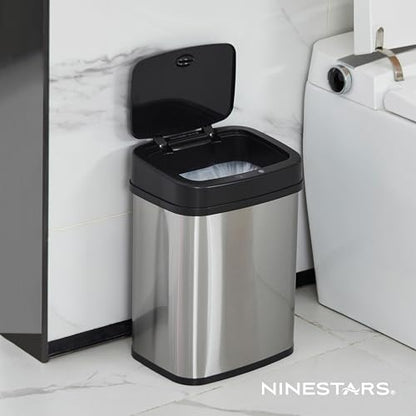 Ninestars 3 Gallon Automatic Trash Can, 12L Touchless Motion Sensor Bathroom or Bedroom Garbage Can with Odor-Sealing Lid, Rectangular Stainless Steel Base, Black Lid - color: Black