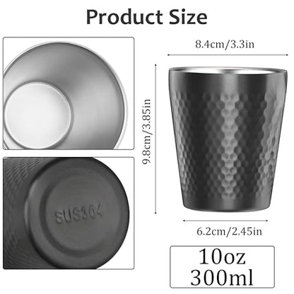 Stainless Steel Cups 2 Packs 10oz/300ml Stackable Double Wall Insulated Metal Shatterproof Cups Titanium-Plated Diamond Textured Surface Heat Resistant Dishwasher Safe (Black) - color: Black - 2 Packs