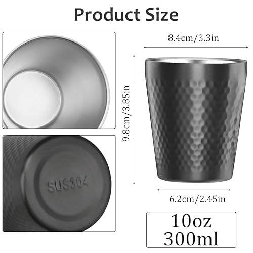 Stainless Steel Cups 4 Packs 10oz/300ml Stackable Double Wall Insulated Metal Shatterproof Cups Titanium-Plated Diamond Textured Surface Heat Resistant Dishwasher Safe (Black - 4 Packs) - color: Black - 4 Packs